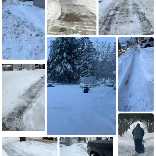 A collage of snow plowing and shoveling.